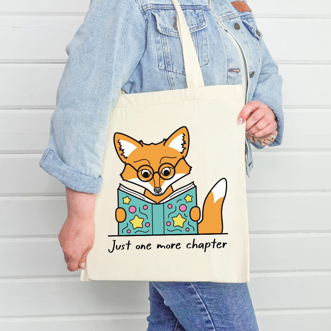 One More Chapter Bookish Tote Bag ft. Maple the Fox