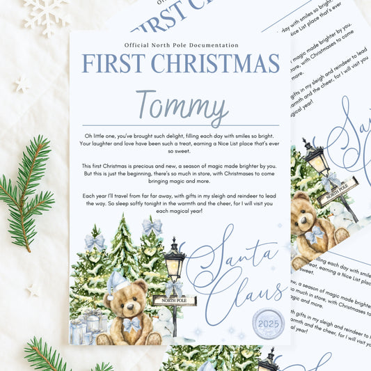 First Christmas letter with envelope - blue bear