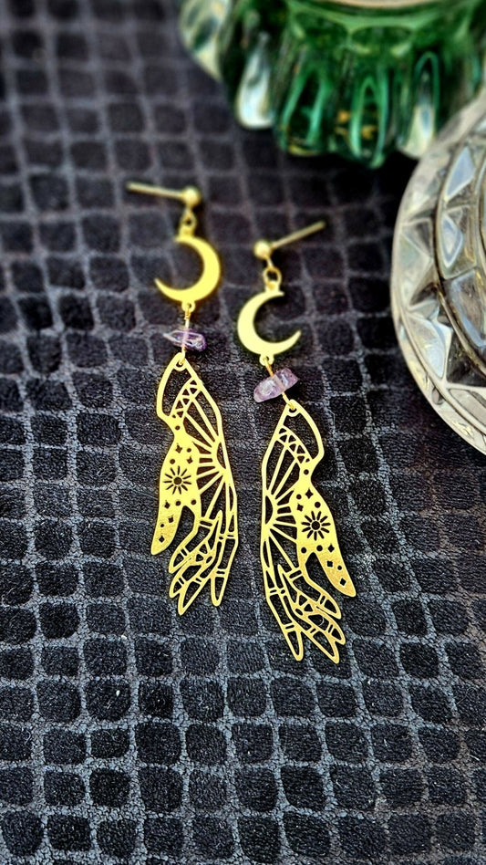Palm Reader Earrings - Gold and Amethyst - Forever After Boutique