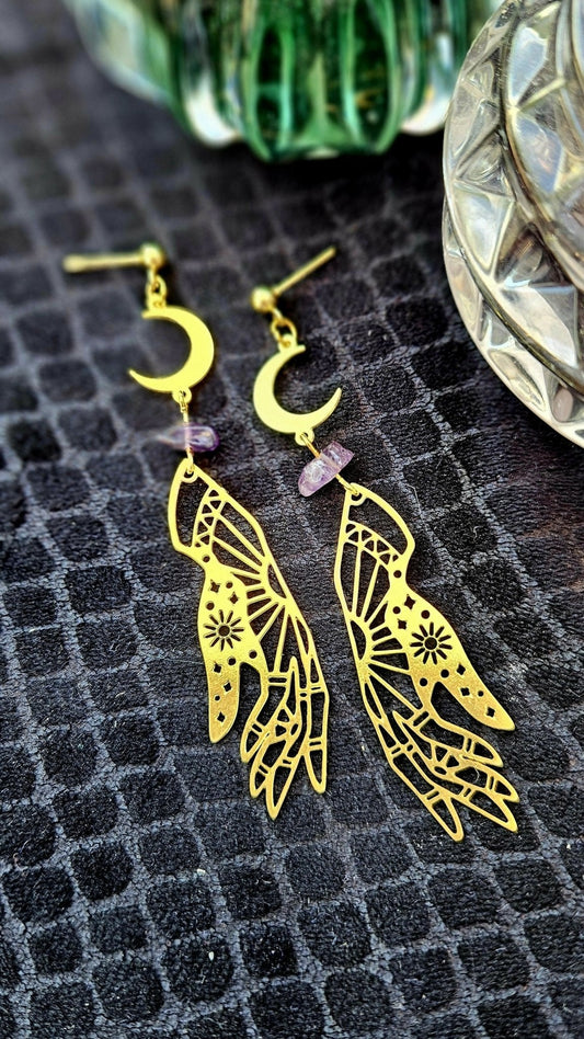 Palm Reader Earrings - Gold and Amethyst - Forever After Boutique