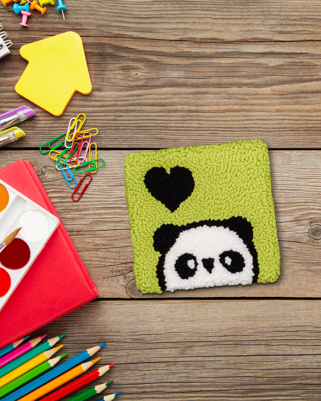 Cute Panda Punch Needle Coaster Green