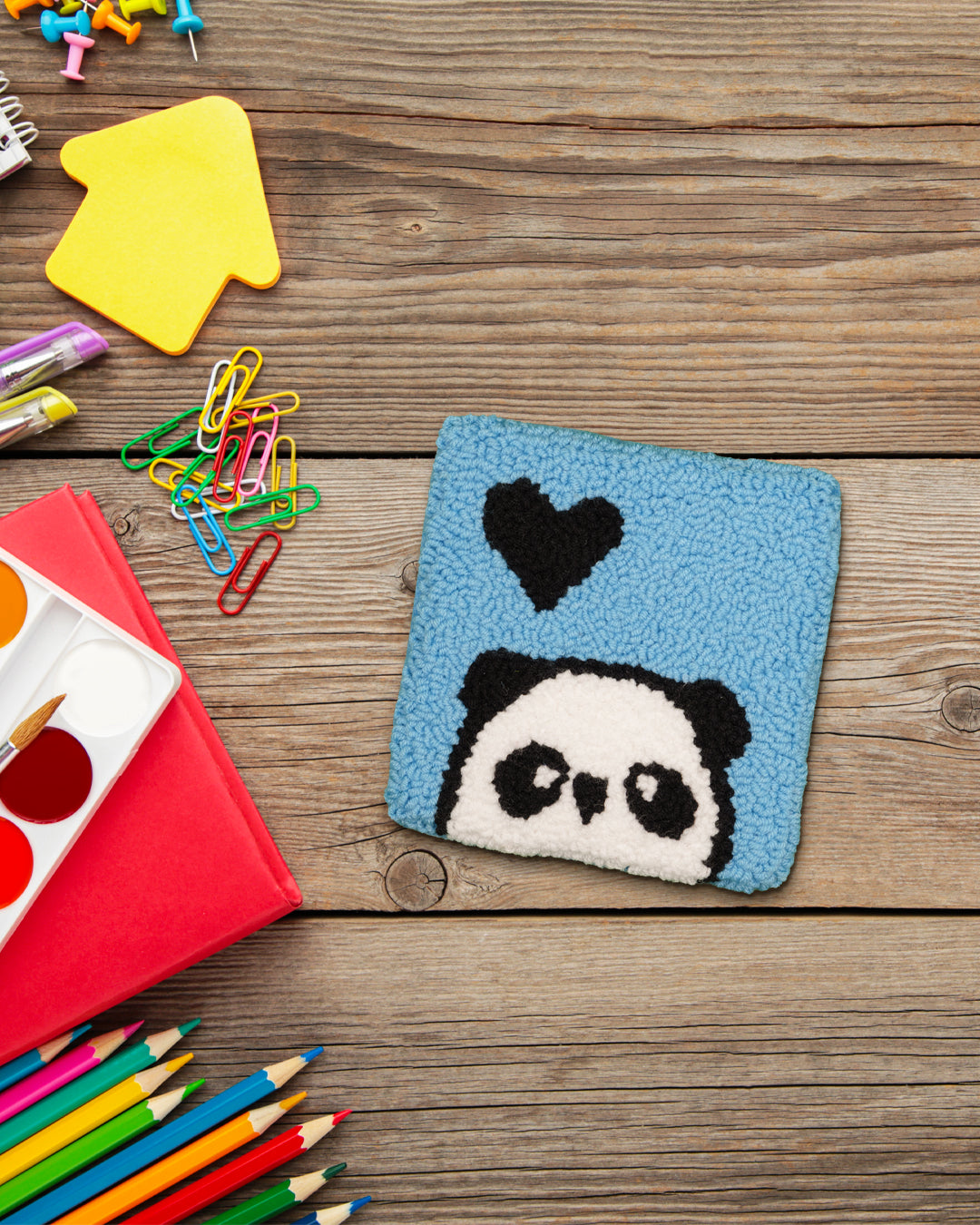 Cute Panda Punch Needle Coaster Blue