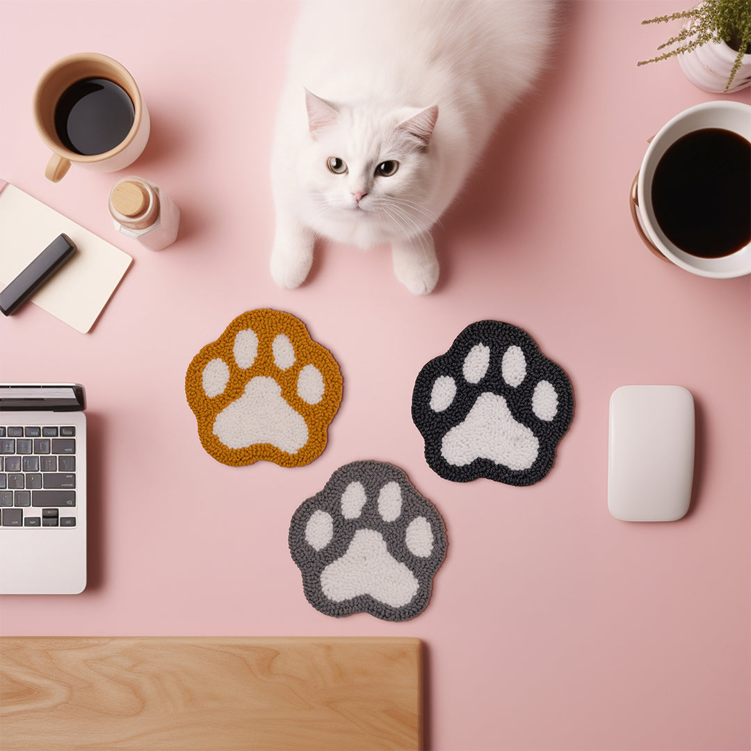 Cat & Paw Punch Needle Coaster Set Paw Set (3 Items Total)