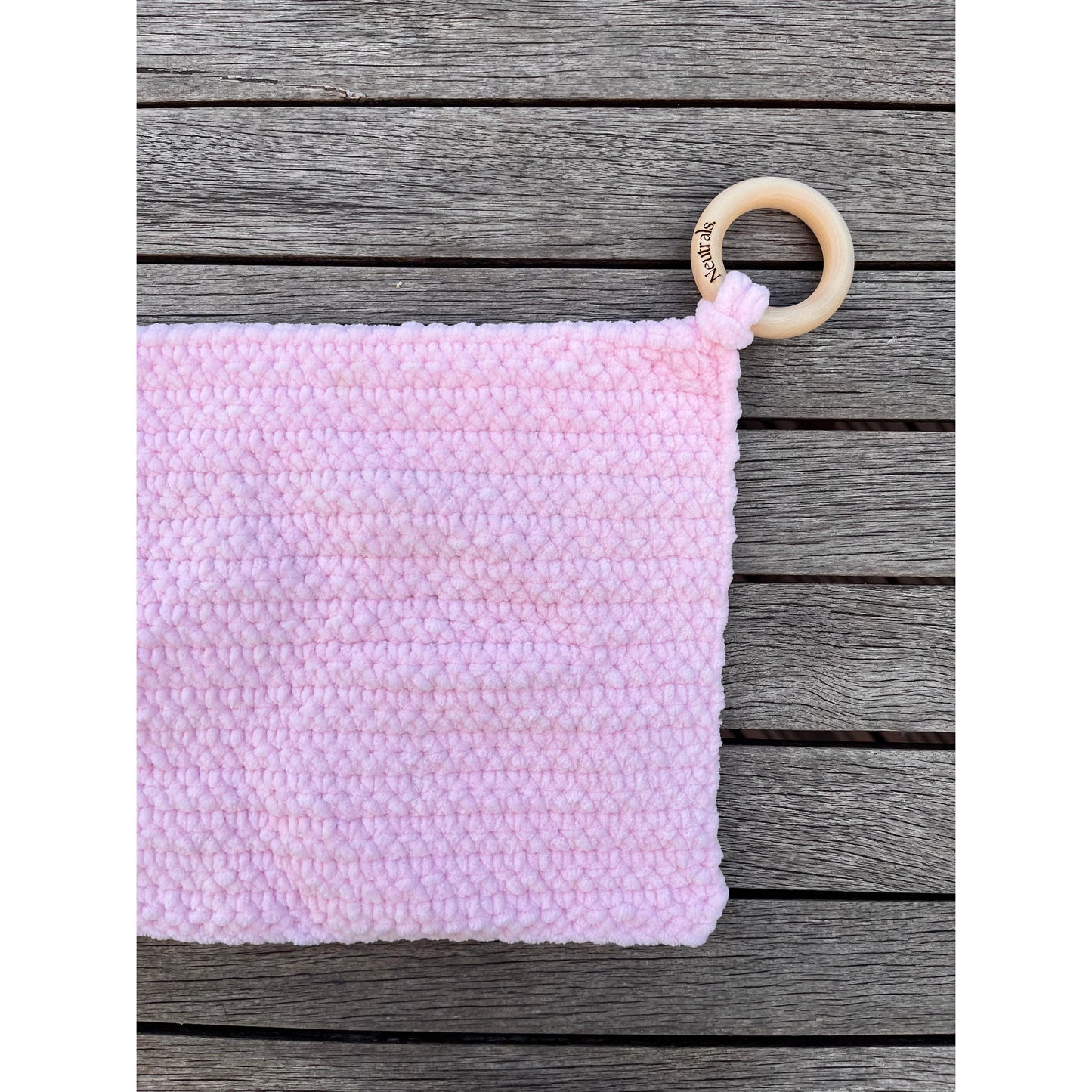 Soft Baby Comforter – Neutral Handmade with Wooden Ring