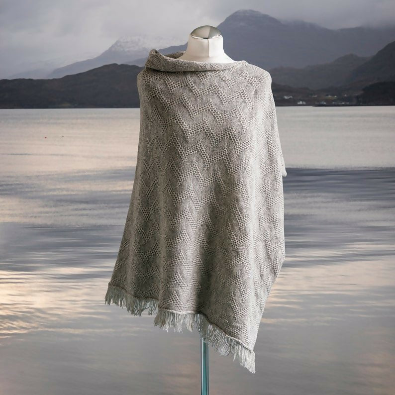 Seashore Mist Grey Merino Poncho. Women's Textured Waves Merino Wool Silver Grey Fringe Poncho. - Forever After Boutique