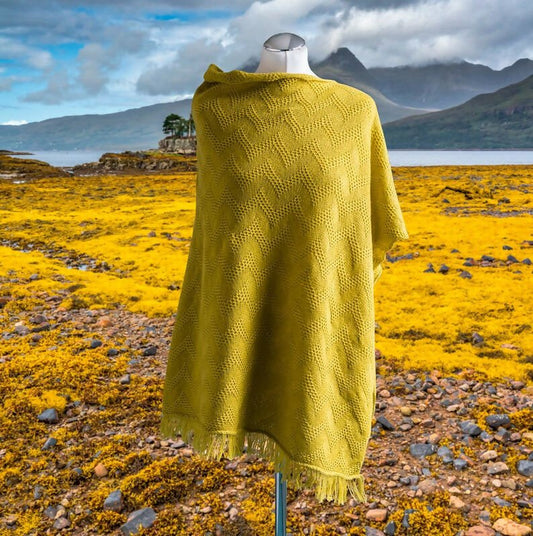 Seashore Mustard Merino Poncho. Women's Textured Waves Merino Wool Fringe Poncho. - Forever After Boutique