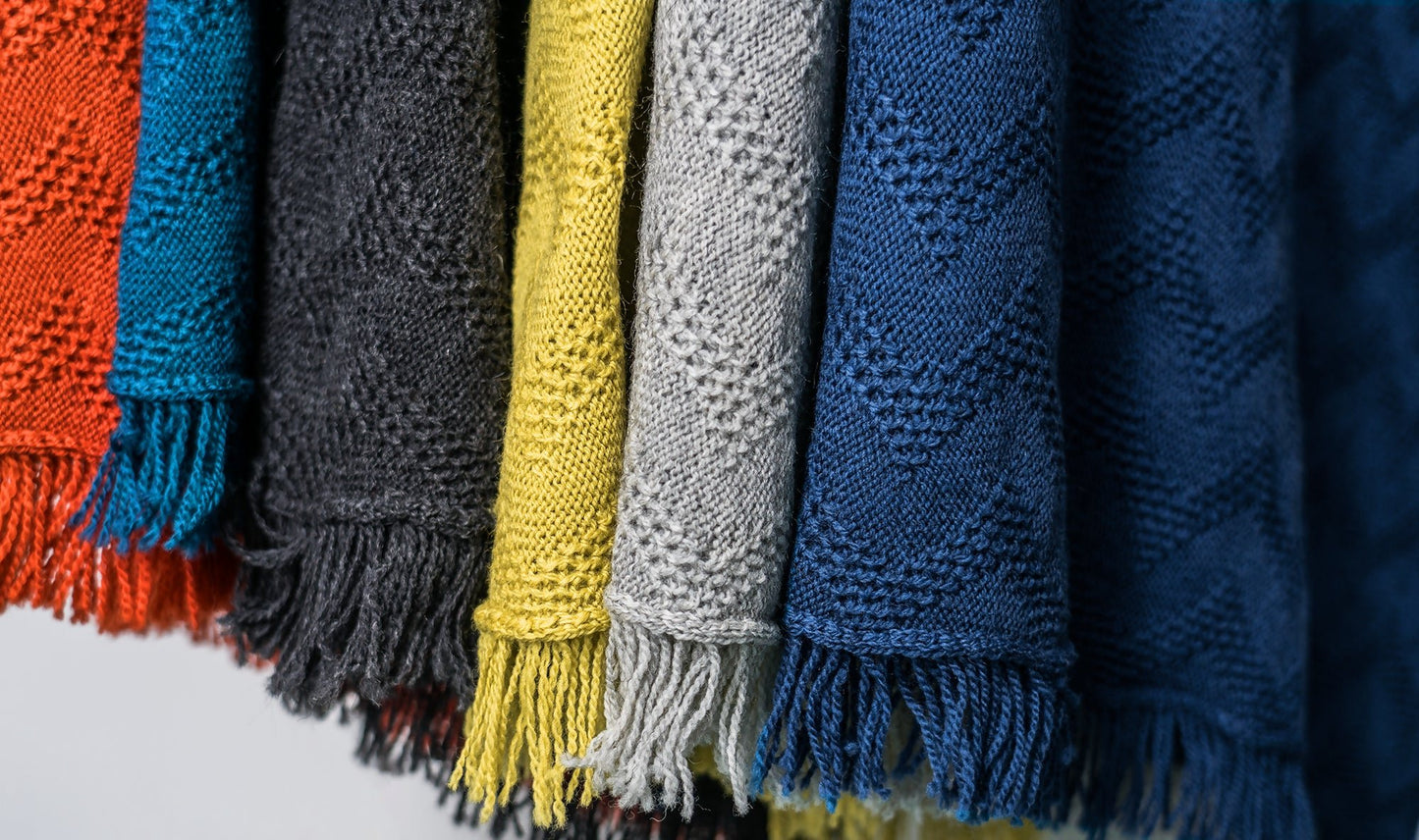 Seashore Mustard Merino Poncho. Women's Textured Waves Merino Wool Fringe Poncho. - Forever After Boutique
