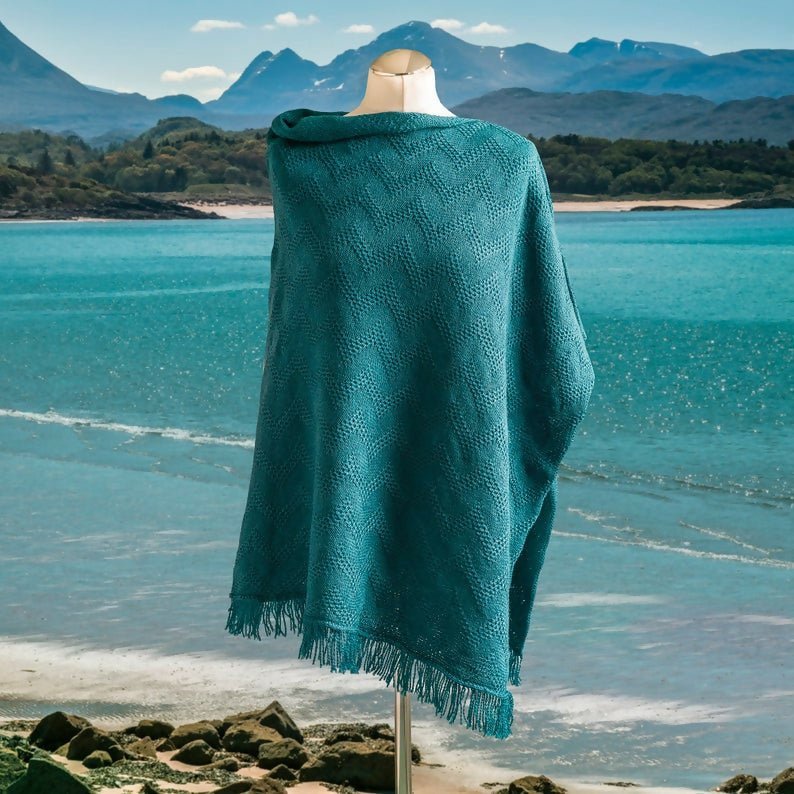 Seashore Textured Waves Merino Poncho. Women's Teal Merino Wool Fringe Poncho. - Forever After Boutique