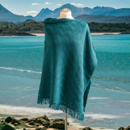 Seashore Textured Waves Merino Poncho. Women's Teal Merino Wool Fringe Poncho. - Forever After Boutique