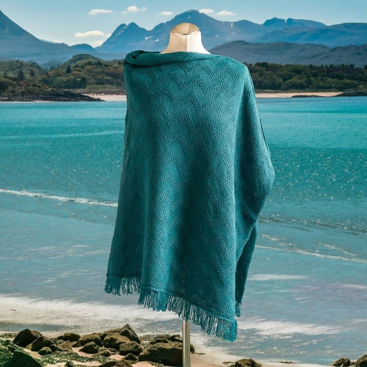 Seashore Textured Waves Merino Poncho. Women's Teal Merino Wool Fringe Poncho. - Forever After Boutique
