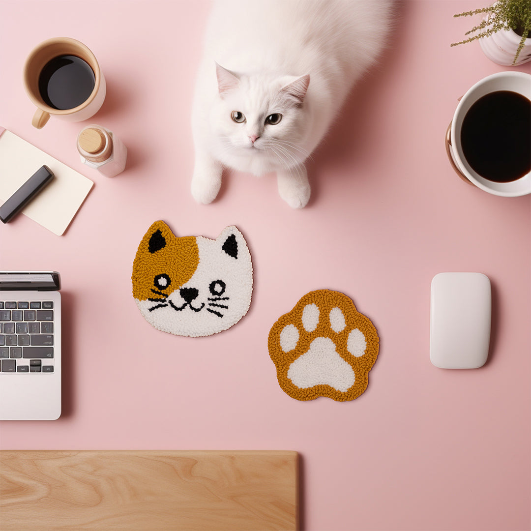 Cat & Paw Punch Needle Coaster Set Ginger Set