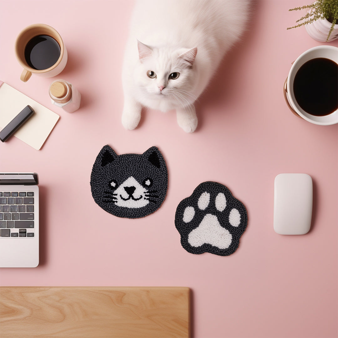 Cat & Paw Punch Needle Coaster Set Dark Grey Set