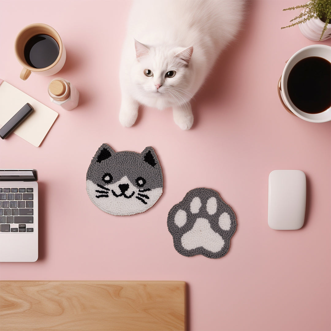 Cat & Paw Punch Needle Coaster Set Grey Set