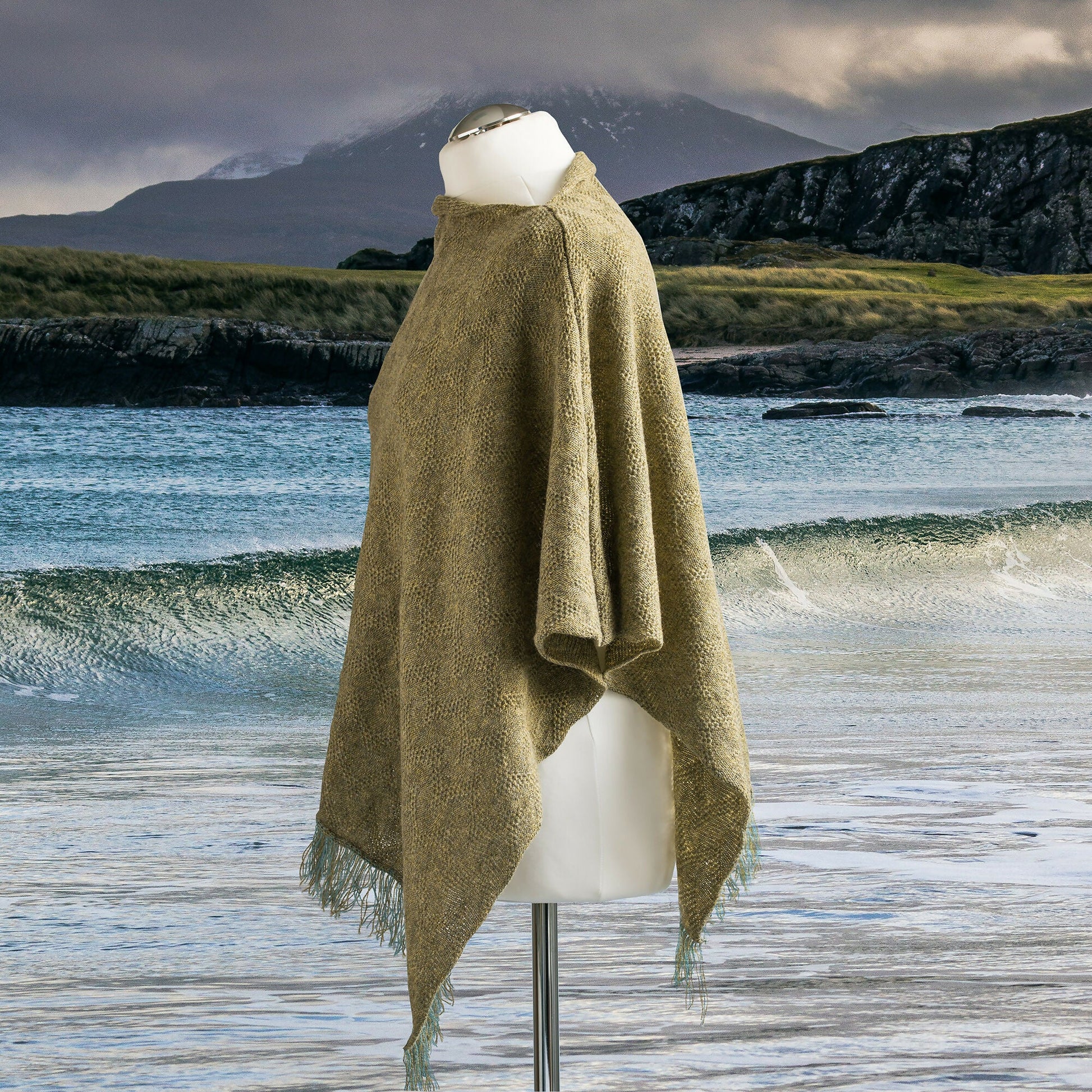 Textured Waves Women's Merino Wool Poncho. Green Melange Poncho. - Forever After Boutique