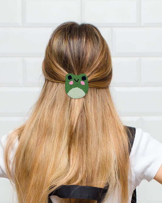 Green Frog Punch Needle Hair Clip