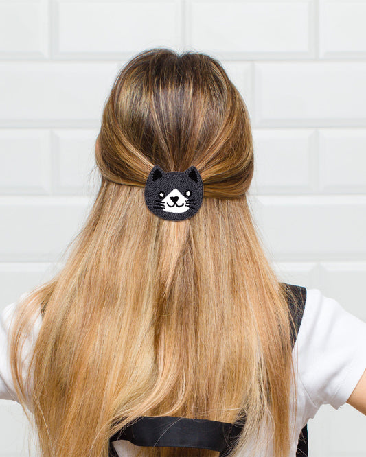 Dark Grey Cat Punch Needle Hair Clip