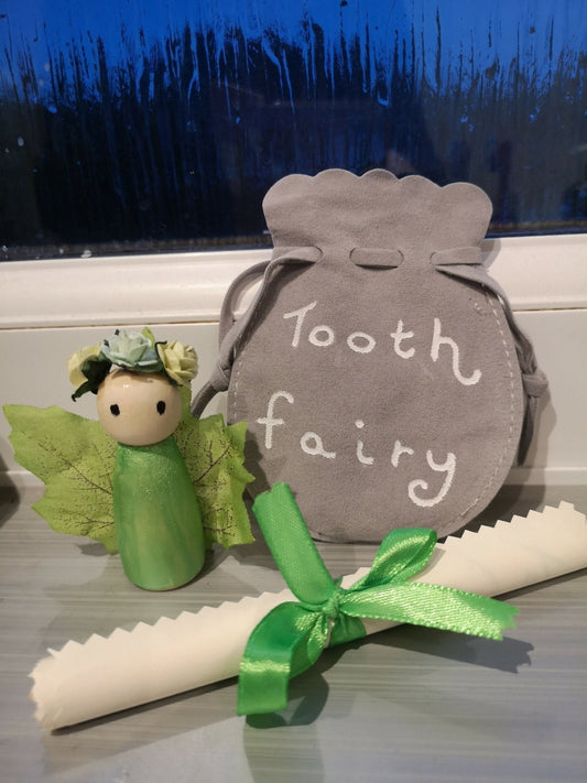 Tooth fairy peg doll with pouch and scroll - Forever After Boutique