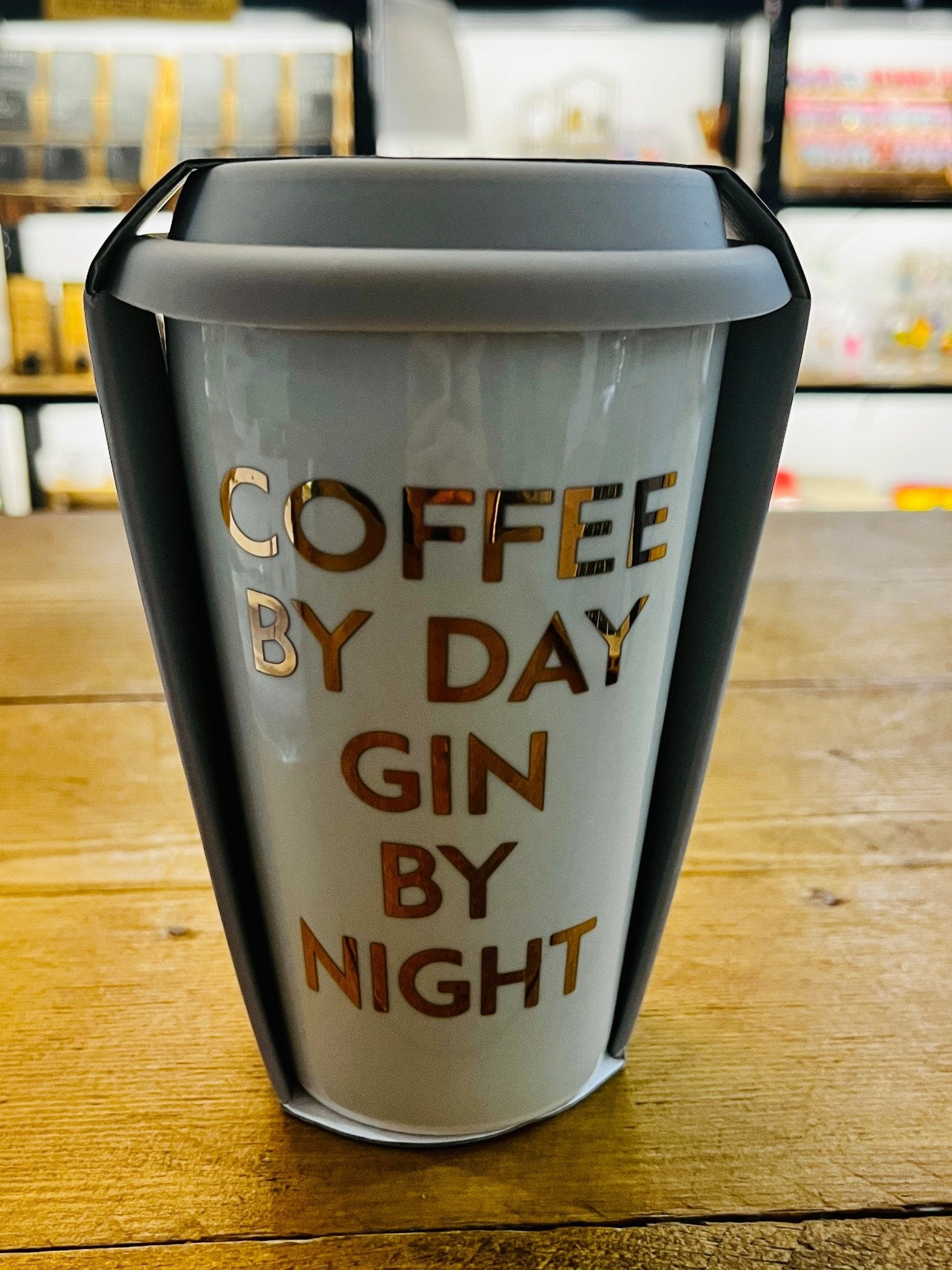 Travel Mug Coffee By Day Gin By Night Light Grey 15cm - Forever After Collective